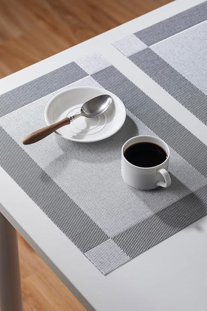 LEXMORE Placemats Set of 4 Vinyl/Plastic Woven Place Mats for Kitchen Table Indoor/Outdoor Washable Placemat Wipeable Dining Table Mats(Silver Cube)