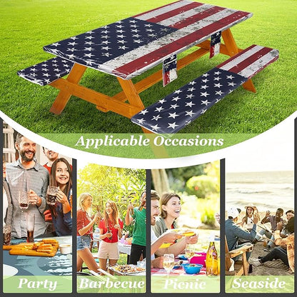 Fitted Picnic Table Cover with Bench Covers Waterproof Elastic Edges Rectangle Patio Tablecloth Outdoor Camping Essentials Stuff Rv Accessories Summer Trip Travel Camper Gifts for Woman Men, 72in 6 ft