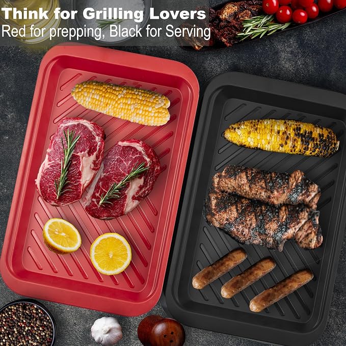 Czlizdyt Bamboo Grilling Prep and Serve Trays with lid | BBQ Tray for Marinating Raw and Cooked Food, Diswasher Safe Nesting Trays Black in Red