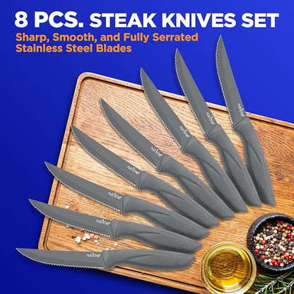 SereneLife Stainless Steel Knife Set, 8 Pcs. - Non-Stick Coating, Sharp Serrated Blades, Professional Kitchen Set, Rust-Resistant, Dishwasher Safe, Ideal for BBQ & Grilling, Gray