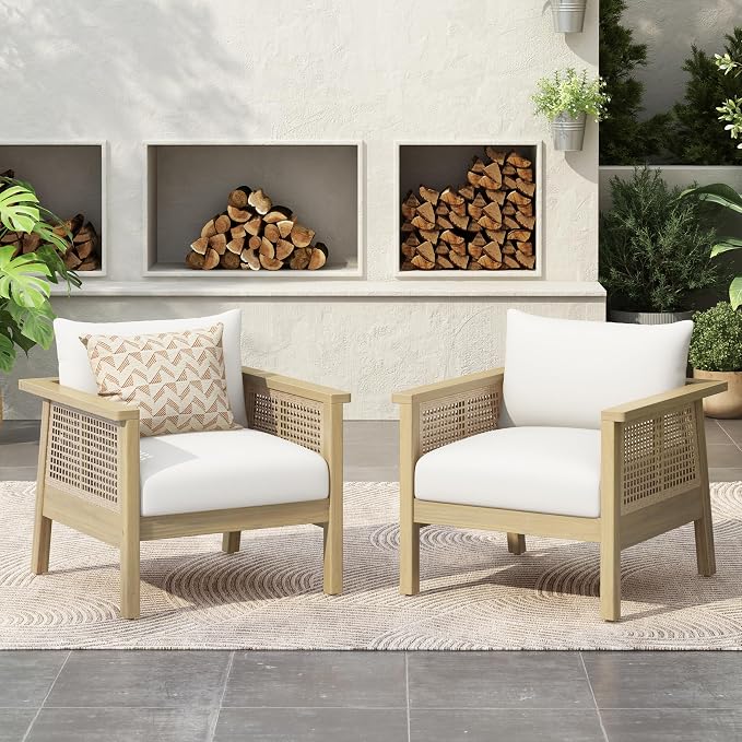 Christopher Knight Home Teras Acacia Wood Lounge Chair Outdoor Set of 2 with Removable Cushion, Solid Wood Patio Accent Chair with PE Wicker Accents, Patio Furniture Set Sofa Chair, Light Teak+Cream