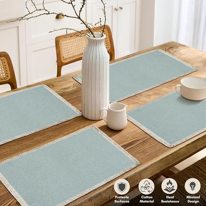 Hausattire Cotton Frayed Placemats Set of 4 Dining Table 13x19 Inch | Rustic Vintage Boho Washable Easter Placemat for Outdoor Parties BBQ's Wedding,Special Occasions, Nubby Cotton - Blue