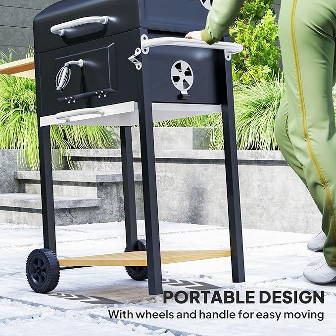 Premium Durable Robust Heavy-Duty Portable Charcoal Barbecue Grill with Side Table Bottom Storage Shelf Wheels Handle Black