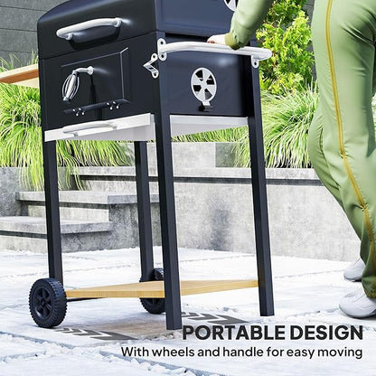 Portable Charcoal BBQ Grill with Adjustable Pan, Side Table, Ash Drawer, Wheels & Thermometer – 37"x20.5"x42.1", Black