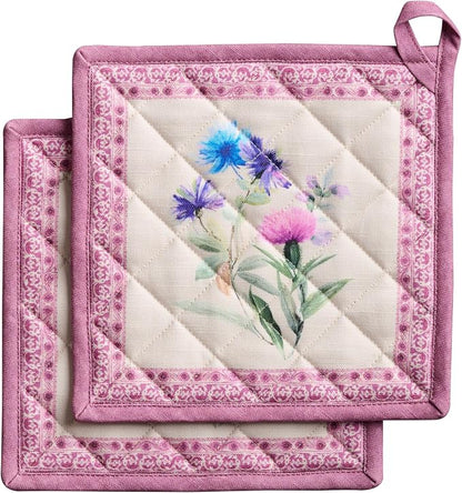 Maison d' Hermine Pot Holders 100% Cotton Potholders (8" x 8", Pack of 2) | Heat Resistant Hot Pads with Loop BBQ Cooking Baking Farmhouse Kitchen Handling Hot Pans Spring Summer - Chardon