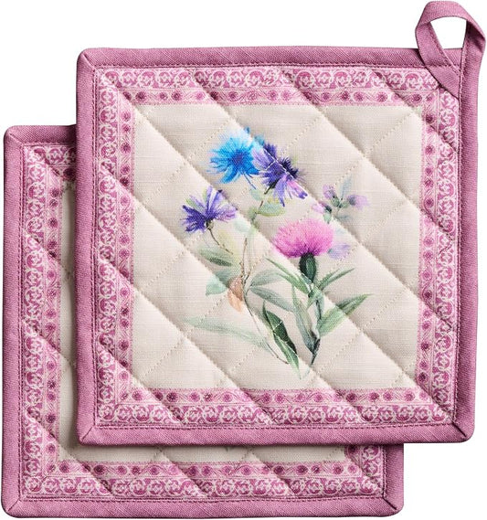 Maison d' Hermine Pot Holders 100% Cotton Potholders (8" x 8", Pack of 2) | Heat Resistant Hot Pads with Loop BBQ Cooking Baking Farmhouse Kitchen Handling Hot Pans Spring Summer - Chardon