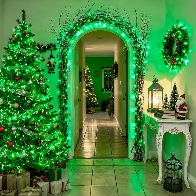 JMEXSUSS 33ft 100 LED Green Battery Operated Lights with Remote, Green Christmas Lights Battery Operated, Christmas String Light Indoor Outdoor for Tree House Yard Xmas Decor (Pack of 2)