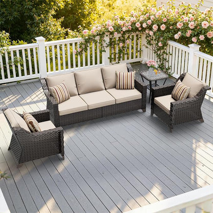 4 Piece Patio Furniture Set, Wicker Outdoor Conversation Set | Patio Chair Set with Olefin Removable Cushion, All-Weather Outdoor Couch with Deep Seat for Porch, Deck and Backyard, Beige