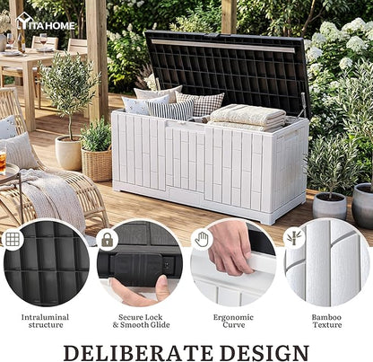 YITAHOME Large Deck Box 120 Gallon Resin Outdoor Storage Box w/Slide-Locking Black Lid, Patio Storage Bin for Outdoor Pillows, Garden Tools and Pool Supplies, Waterproof, Lockable, Grayish-White