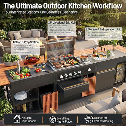 Outdoor Kitchen Island, Powder Coated Stainless Steel Cabinet, LP Grill, Sink, Fridge, Movable BBQ Station Set with Natural Teak Board for Backyard, Patio, Deck, Terrace (Grey, 3 SET)