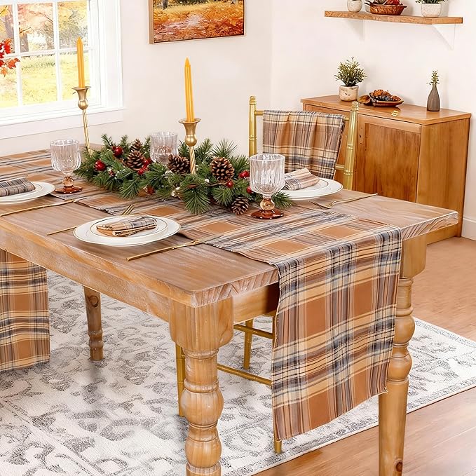 B-COOL Checkered Table Runners Plaid Fabric - 2PCS Rectangle 13x108 Inch Fall Themed Halloween Christmas Table Cloth for Indoor Outdoor Use Autumn Table Cover for Kitchen Home BBQs Parties