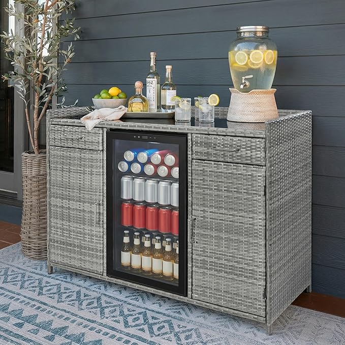 RUNNA 53.5" W Outdoor Wicker Storage Cabinet with Fridge Space,Weatherproof Outdoor Mini Fridge Bar Cabinet with Adjustable Shelves & Drawers for Pool Towel Storage,Garden,Kitchen (Grey#64)