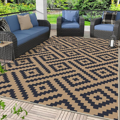 GENIMO Outdoor Rug, Waterproof Plastic Rugs for Patio, 6'x9' Black Cocoa | Outside Larger Modern Carpet Mat for Porch Decor, Deck, Balcony, Camping, RV, Backyard, Picnic, Beach, Reversible, Foldable