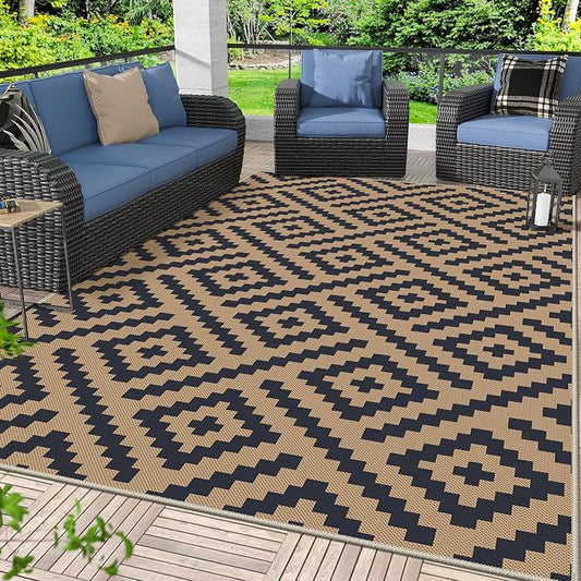 GENIMO Outdoor Rug, Waterproof Plastic Rugs for Patio, 6'x9' Black Cocoa | Outside Larger Modern Carpet Mat for Porch Decor, Deck, Balcony, Camping, RV, Backyard, Picnic, Beach, Reversible, Foldable