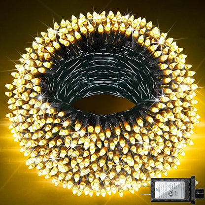Christmas Tree String Lights Green Wire 75FT 300 LED Warm White | Dimmable, 12 Light Styles, Memory Timer, Waterproof, 29V Safe Low Voltage, Diamond-Faceted LED, Energy Efficiency