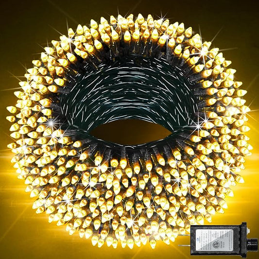 Christmas Tree String Lights Green Wire 75FT 300 LED Warm White | Dimmable, 12 Light Styles, Memory Timer, Waterproof, 29V Safe Low Voltage, Diamond-Faceted LED, Energy Efficiency