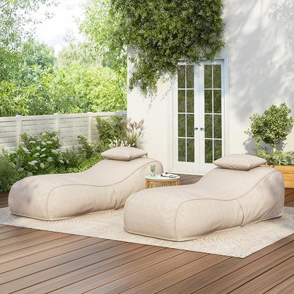 Christopher Knight Home Morton Outdoor Bean Bag Chair Set of 2, Fabric Bean Bag Chair for Adults and Kids, Indoor/Outdoor Sun Lounger with Headrest, Patio Chaise Lounge Chair Set of 2, Dark Beige