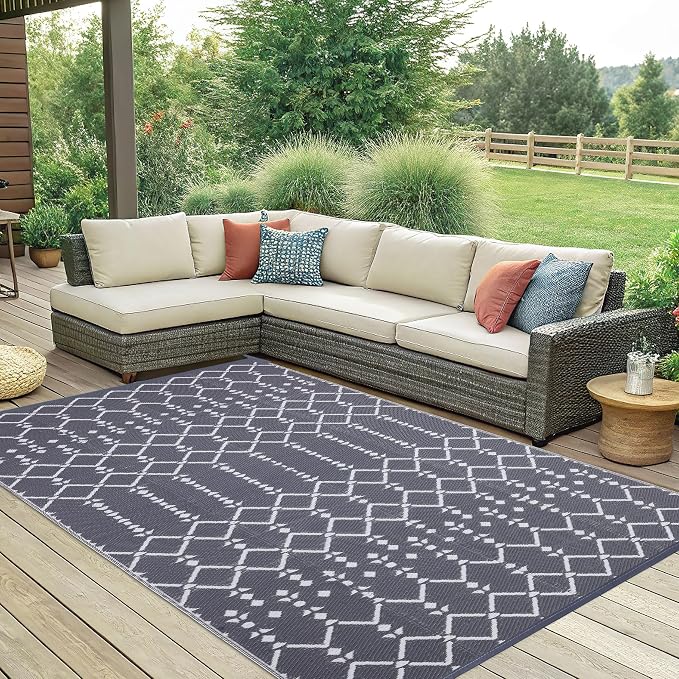 Smiry Outdoor Rug 6x9 ft Waterproof Reversible Boho Mat, Grey | Polypropylene Plastic Straw, Quick Drying, Lightweight Foldable, for Patio, Deck, RV Camping, Backyard and Indoor Outdoor Use