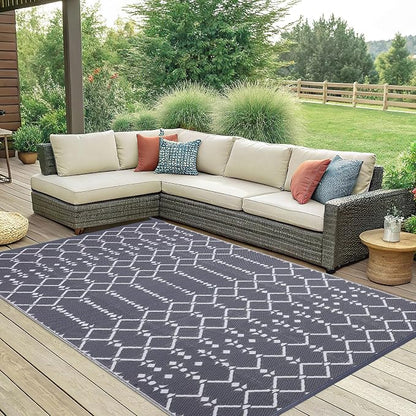 Smiry Outdoor Rug 6x9 ft Waterproof Reversible Boho Mat, Grey | Polypropylene Plastic Straw, Quick Drying, Lightweight Foldable, for Patio, Deck, RV Camping, Backyard and Indoor Outdoor Use