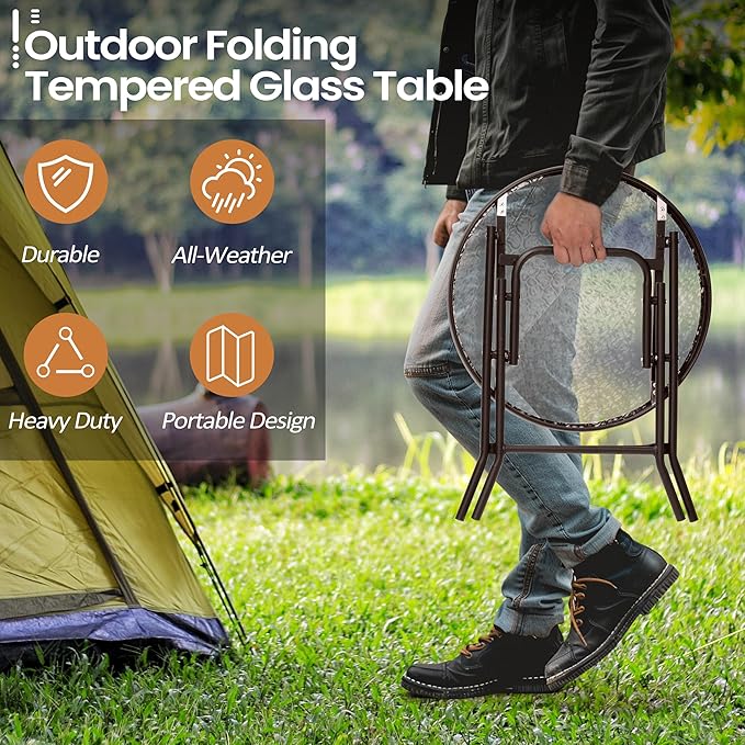Foldable Side Table with Tempered Glass Top, Brown | 18" Small Patio Side Tables Outdoor for Porch Yard Balcony Deck Lawn Garden