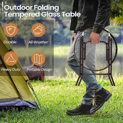 Foldable Side Table with Tempered Glass Top, Brown | 18" Small Patio Side Tables Outdoor for Porch Yard Balcony Deck Lawn Garden