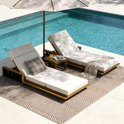 Merax Acacia Wood Patio Chaise Lounge Set of 2, Outdoor Reclining Chairs with 4-Position Adjustable Backrest, 2-Piece Sunbathing Recliner & 4" Thick Four-fold Cushion for Poolside, Garden, Cream