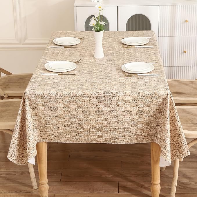 Walrus Heavy Duty Vinyl Tablecloth with Flannel Backing Waterproof Oil-Proof Plastic Table Cloth Stain-Resistant Wipeable Rectangle or Square Table Cover for Indoor and Outdoor (Weave, 60X84 Inch)