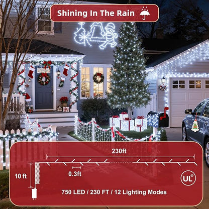 240FT Christmas Lights Outdoor, 750 LED Christmas Tree Decoration Lights with 12 Modes & Timer Memory, Dimmable Plug In Waterproof LED Xmas Light for Yard Trees Wedding Party Holiday Cool White