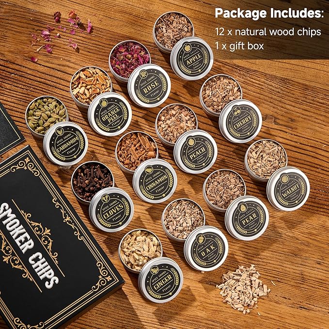 ComboJoy 12 Flavor Cocktail Smoker Wood Chips Gift Set for Men - Cinnamon, Cloves, Orange Peel, Cardamom, Rose, Ginger, Pear, Peach, Cherry, Apple, Oak, Walnut for Whiskey/Bourbon/Drinks Smoke Gun