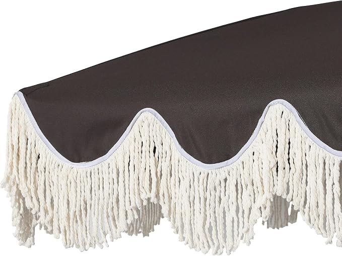 JONATHAN Y Mariner 6.5 ft. Solid Fringe Beach Umbrella, Black | Push-Button Tilt, UV 50 Protection, Matching Carry Bag, White Iron Pole, Wind Vent, Scalloped Round Canopy
