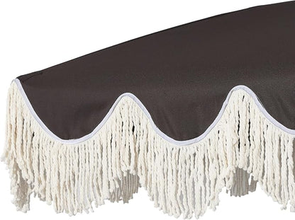 JONATHAN Y Mariner 6.5 ft. Solid Fringe Beach Umbrella, Black | Push-Button Tilt, UV 50 Protection, Matching Carry Bag, White Iron Pole, Wind Vent, Scalloped Round Canopy