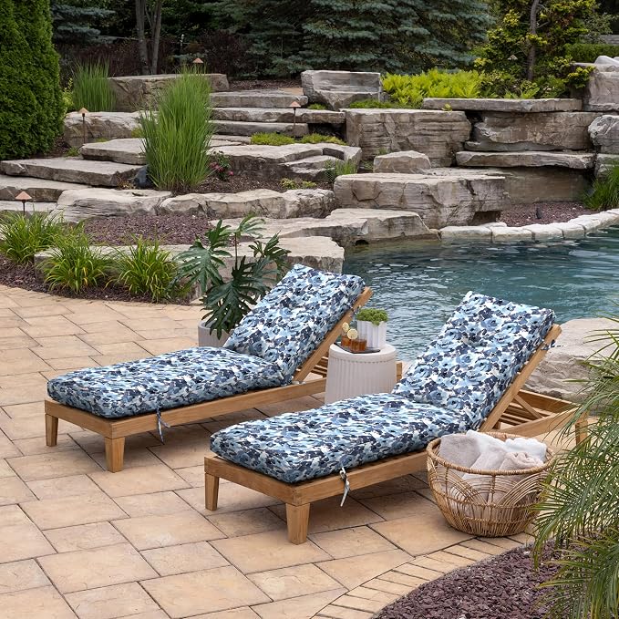 Arden Outdoor Plush Modern Tufted Chaise Cushion, 76 x 22, Rain-Proof, Fade Resistant, Tufted Cushion for Chaise Lounger Blue Garden Floral | Plush Comfort, Modern Tuft, Lounge Cushion, Rain-Proof, Fade Resistant, Mold and Mildew Resistant