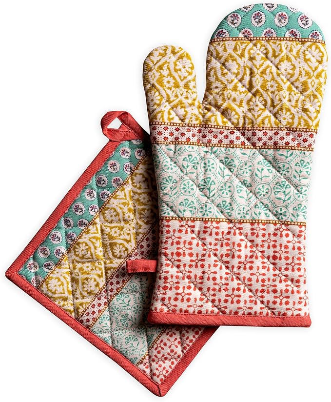 Maison d' Hermine 100% Cotton Oven Mitt & Pot Holder Set (7.5"x13" & 8"x8") | Heat Resistant BBQ Cooking Gloves with Loop Baking Grilling Kitchen Hotel Home Farmhouse Spring Summer - Provence