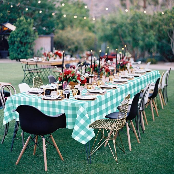 Hiasan Checkered Square Tablecloth - Stain Resistant, Waterproof and Wrinkle Resistant Washable Table Cloth for Dining Room and Outdoor Use, 60 x 60 Inch, Aqua and White Gingham Pattern