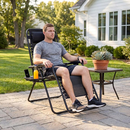 Adjustable Folding Lounge Chair, Portable Camping Chair for Adults with Headrest, Reclining Outdoor Chair with Removable Tray, Foldable Low Beach Chair for Camping, Picnic, Travel, Black