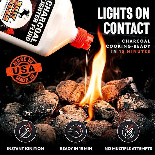 Charcoal Lighter Fluid (1 Quart) - 12 Pack Clean Burning, Low Odor & Fast Lighting Lighter Fuel - Perfect Fire Starter Fluid for Outdoor BBQ, Grilling, Camping, Charcoal & Wood Fires by Billy Buckskin