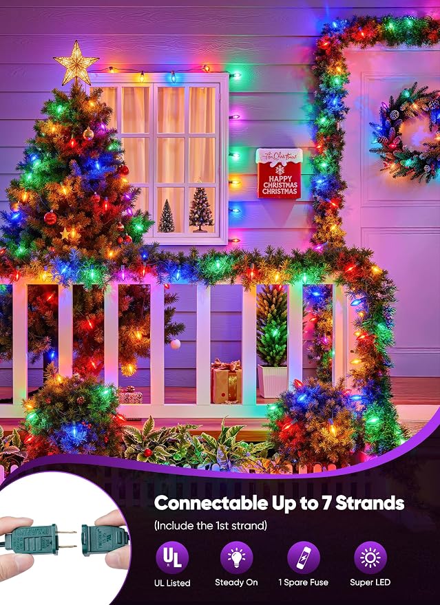 Vintage C9 Christmas Lights Outdoor, 100Ft 100 LED Multicolor String Lights | Waterproof Connectable Christmas Tree Lights for House, Roofline, Indoor Outside, Garden Patio Backyard Decor, Green Wire
