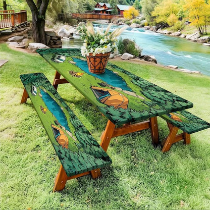 Picnic Table Cover with Bench Covers Elastic Edges, Green Forest Camping Scene Table Cover, Waterproof Windproof Fitted, for Outdoor Camping Patio Garden RV Trips, Drawstring Bag, 96 Inch 3PCS