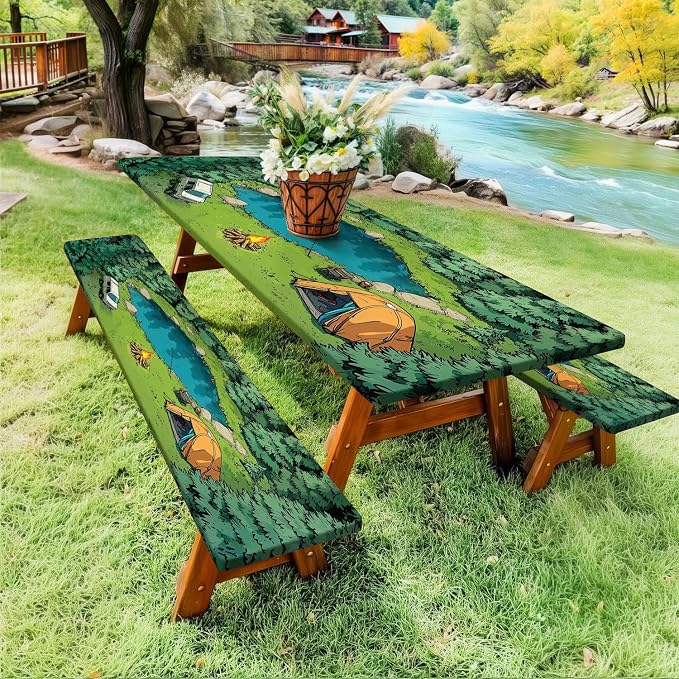 Picnic Table Cover with Bench Covers Elastic Edges, Green Forest Camping Scene Table Cover, Waterproof Windproof Fitted, for Outdoor Camping Patio Garden RV Trips, Drawstring Bag, 60 Inch 3PCS
