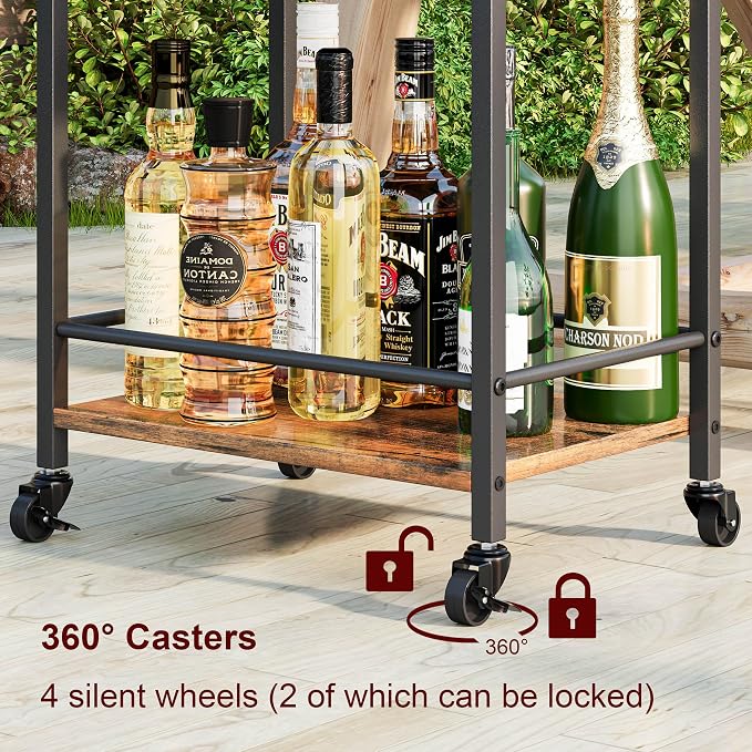 3 Tier Rolling Bar Cart with Wheels, Wine Cart with Removable Tray, Rustic Bar Carts Small, Drink Cart for Small Spaces, Beverage Cart, Liquor Cart for Kitchen, Living Room(Rustic Brown)GBC513R