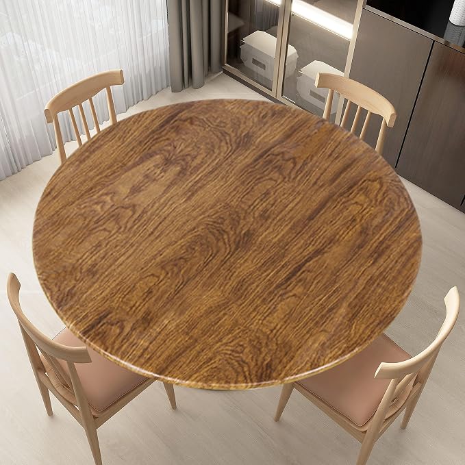 LUSHVIDA Round Waterproof Table Cover Elastic Vinyl Fitted Tablecloth Elastic Edged Plastic Table Cloth (Pine, Best for Up to 45"-56" Round)