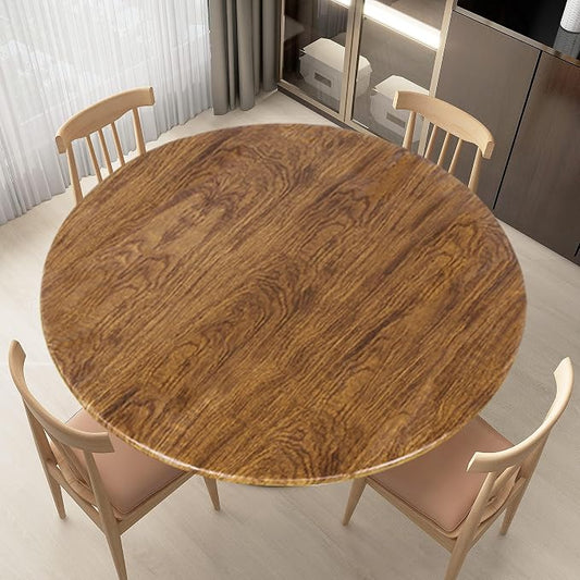 LUSHVIDA Round Waterproof Table Cover Elastic Vinyl Fitted Tablecloth Elastic Edged Plastic Table Cloth (Pine, Best for Up to 45"-56" Round)