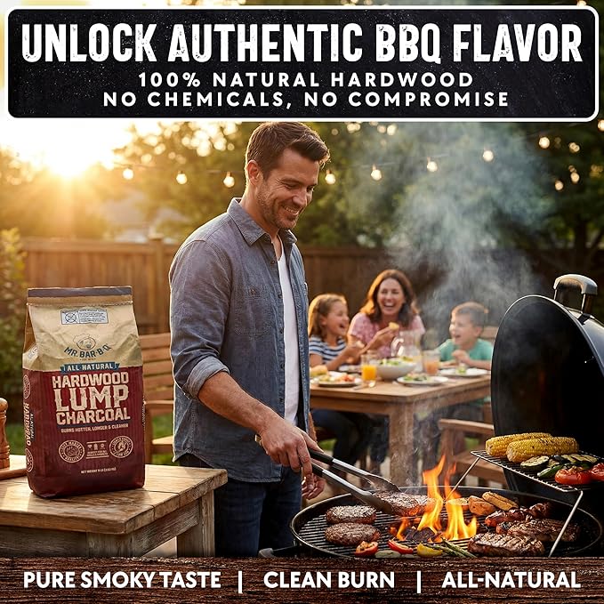 20 LB. All Natural Hardwood Lump Charcoal by Mr. Bar-B-Q - Premium Natural Charcoal for Grilling, BBQ, Smoking, Kamado & Kettle Grills - Burns Hotter & Longer - Smoky Flavor, Low Ash & Easy to Light