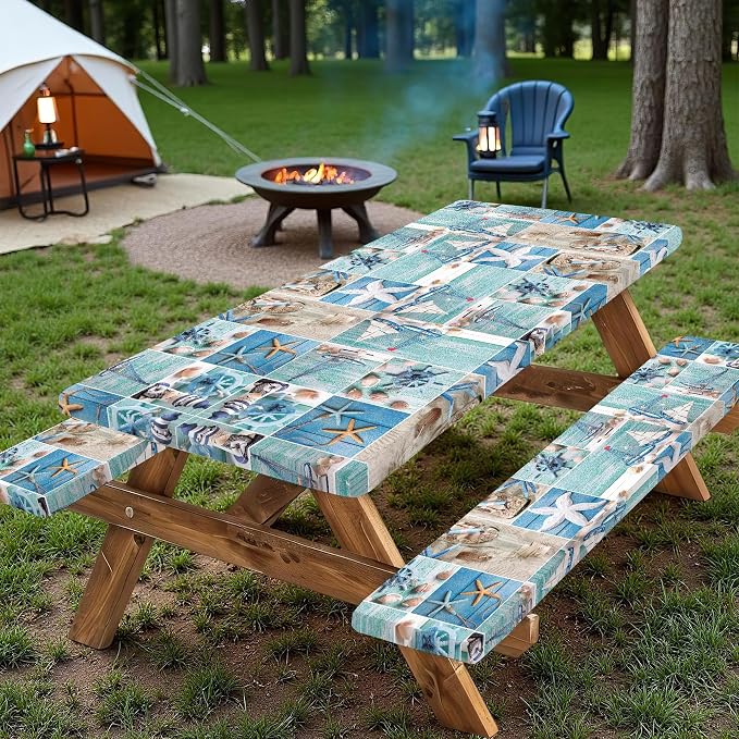Picnic Table Cover with Bench Covers, Outdoor Camping Patio BBQ RV Essentials, Waterproof Windproof Camping Tablecloth with Drawstring Bag, Fitted Rectangle Tables and Seats, 72in, Nautical