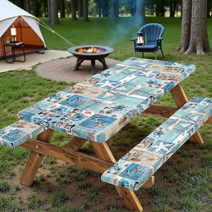 Picnic Table Cover with Bench Covers, Outdoor Camping Patio BBQ RV Essentials, Waterproof Windproof Camping Tablecloth with Drawstring Bag, Fitted Rectangle Tables and Seats, 72in, Nautical