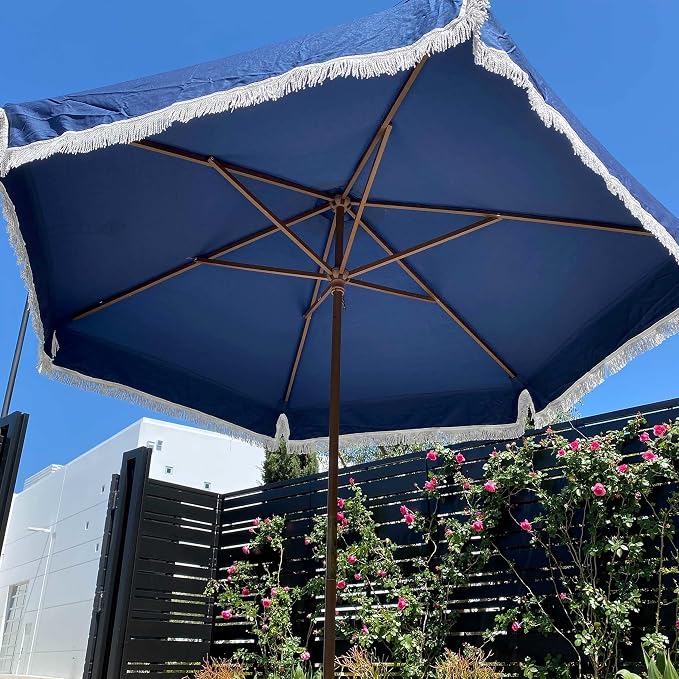 FORMOSA 9ft 6 Rib Market Premium Patio Umbrella Replacement Canopy - 300D UV Protective and Water Resistant Patio Canopy - Umbrella Replacement Cover (CANOPY ONLY) (Navy Fringe Olefin)