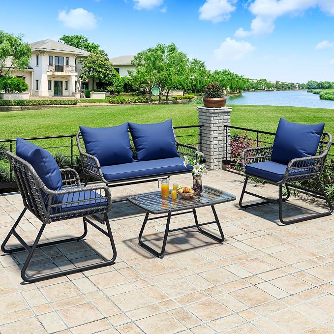 YITAHOME 4-Piece Patio Furniture Set, Wicker Outdoor Bistro Set, All Weather Rattan Patio Conversation Set with Soft Cushions and Glass Side Table for Backyard, Balcony, Deck - Navy Blue