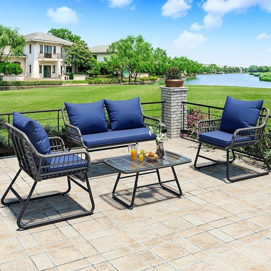 YITAHOME 4-Piece Patio Furniture Set, Wicker Outdoor Bistro Set, All Weather Rattan Patio Conversation Set with Soft Cushions and Glass Side Table for Backyard, Balcony, Deck - Navy Blue