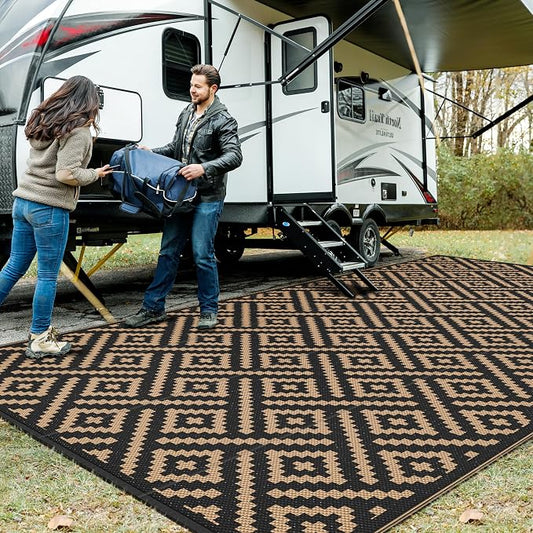 GENIMO Outdoor Rug, Waterproof Plastic Rugs 9'x18' for Camping Black Brown | Outside Larger Modern Carpet Mat for Patio Decor, RV, Porch, Camper, Deck, Picnic, Beach, Backyard, Reversible, Foldable
