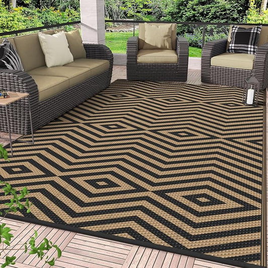 GENIMO Outdoor Rug, Waterproof Plastic Rugs for Patio, 8'x10' Shadow Brown | Outside Larger Modern Carpet Mat for Porch Decor, Deck, Balcony, Camping, RV, Backyard, Picnic, Beach, Reversible, Foldable